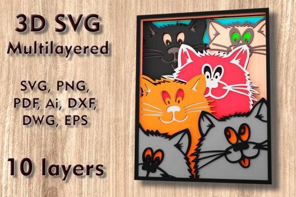 Сats 3D SVG Multilayer Laser Cut Files for Wall Decor